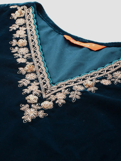 Indyancart IE Ethnic Motifs Embroidered Velvet Kurta with Trousers & With Dupatta