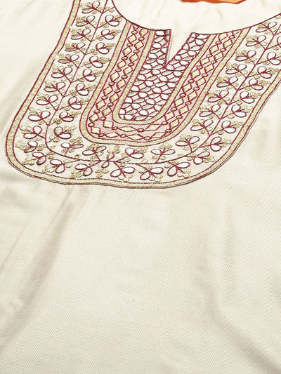 Dhiyona IE Women Cream-Coloured Floral Yoke Design Regular Thread Work Liva Kurta with Trousers & With Dupatta