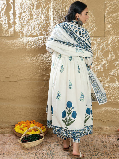 Women Printed Empire Pure Cotton Kurta with Trousers & With Dupatta