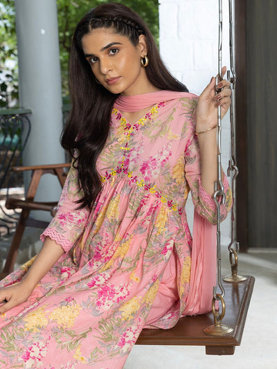 Indyancart SN Women's Floral Printed Thread Work Pure Cotton A-Line Kurta With Trouser & Dupatta