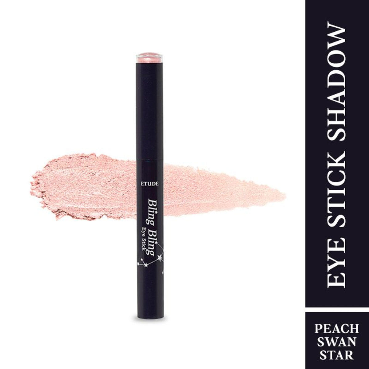 ETUDE Bling Bling Eyeshadow Stick in Peach Swan Star, showing the shimmering peach-colored eyeshadow in a sleek stick applicator.