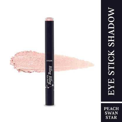 ETUDE Bling Bling Eyeshadow Stick in Peach Swan Star, showing the shimmering peach-colored eyeshadow in a sleek stick applicator.
