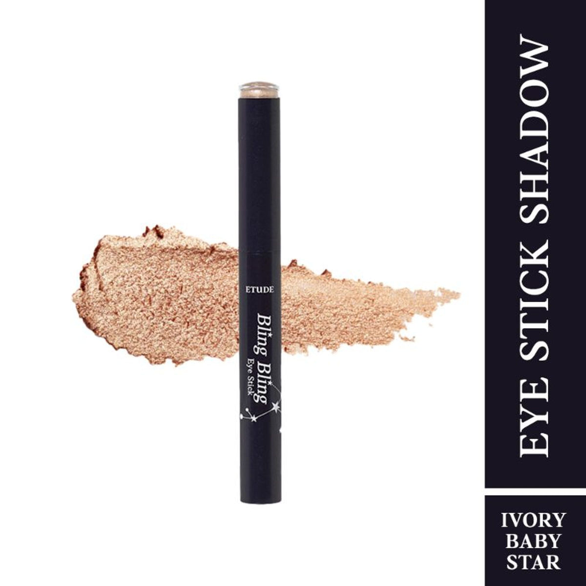 ETUDE Bling Bling Eyeshadow Stick in Ivory Baby Star, a creamy eyeshadow stick with shimmering pearl finish, shown open with product visible