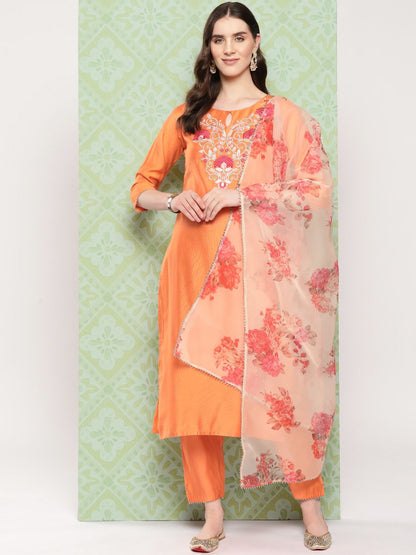 Dhiyona IE Women Floral Yoke Design Regular Liva Kurta with Trousers & Dupatta