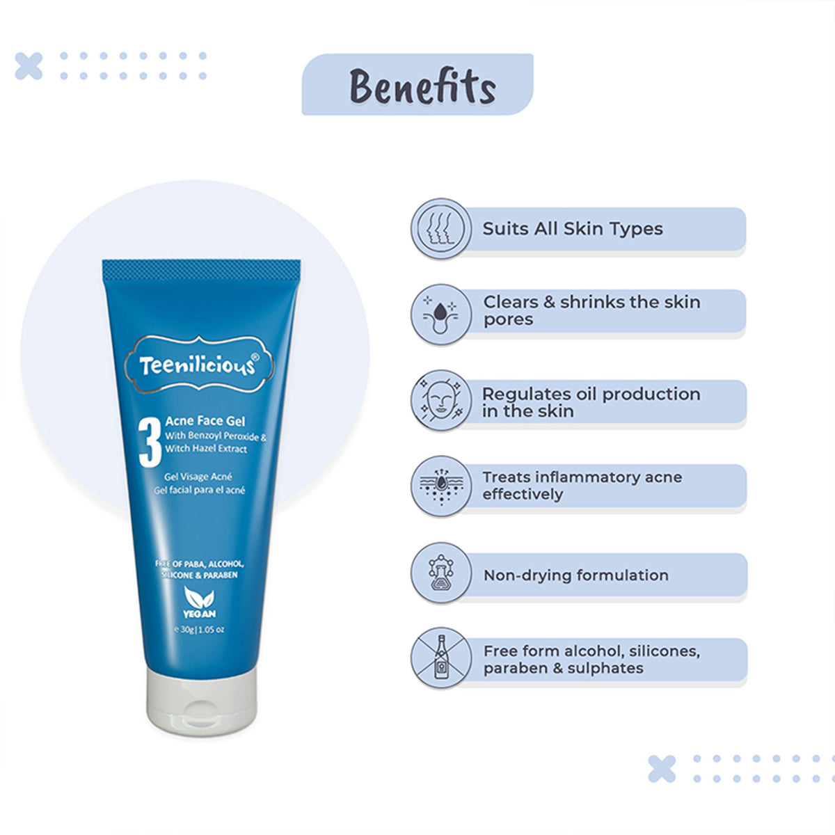 Teenilicious Acne Face Gel With Benzoyl Peroxide & Witch Hazel Extract