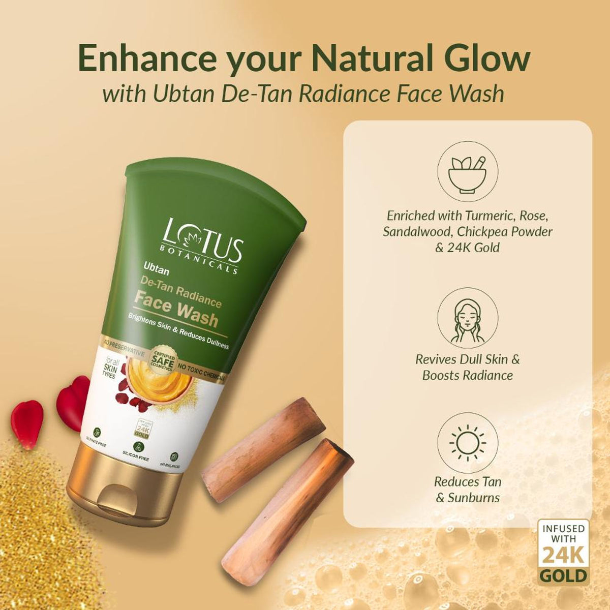 Lotus Botanicals Ubtan De-Tan Radiance Face Wash|Infused with 24K Gold|Bright & Glowing Skin