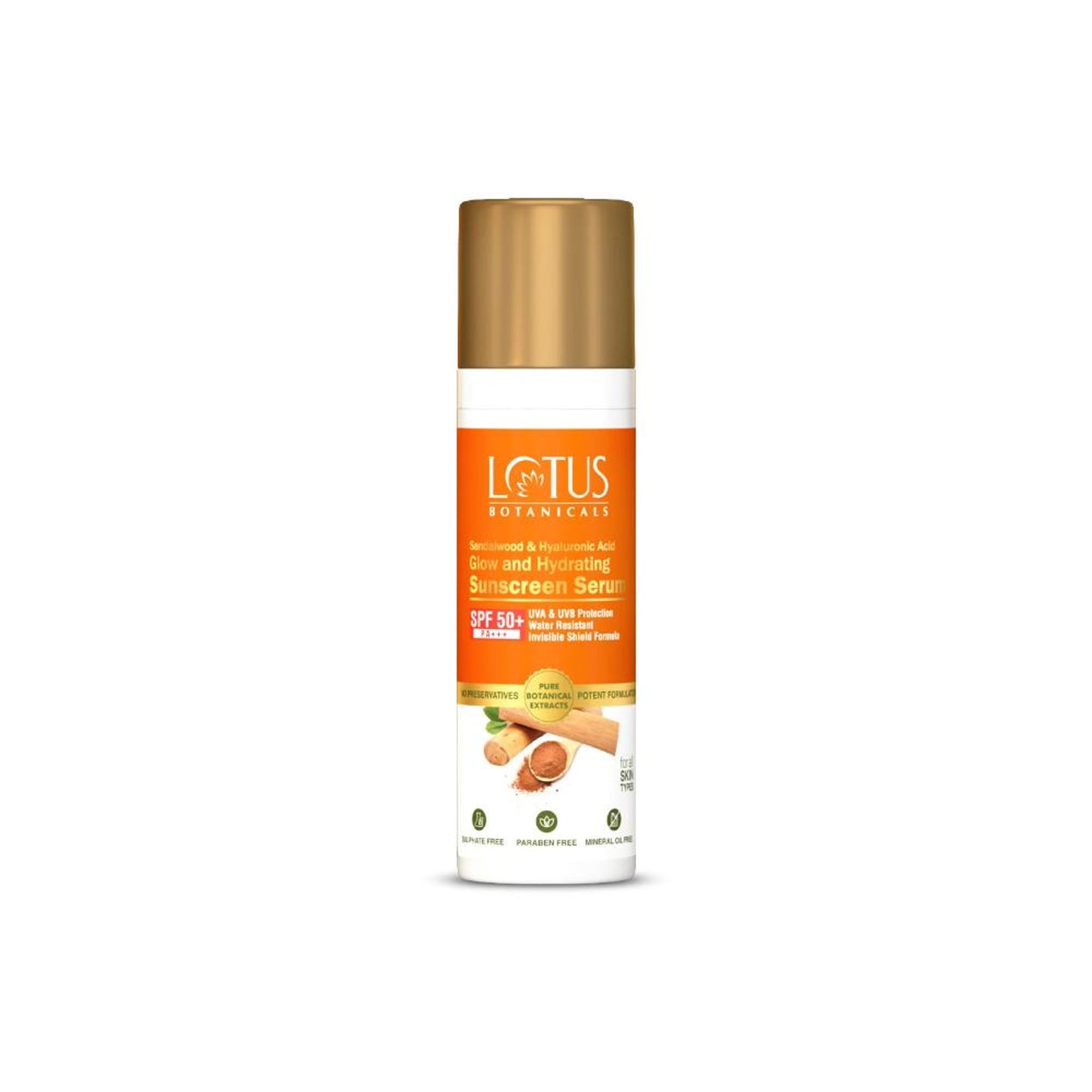 Lotus Botanicals Sandalwood & Hyaluronic Acid Glow and Hydrating Sunscreen Serum, SPF 50+, PA+++