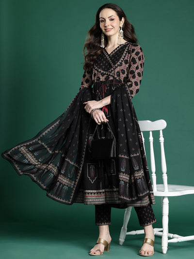 Indyancart IE Ethnic Motifs Printed Angrakha Beads & Stones Pure Cotton Kurta Set