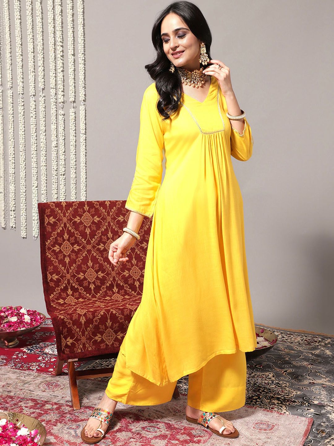 Indyancart VA Women'sV-Neck A-Line Pleated Kurta with Palazzos & With Dupatta