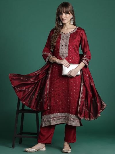 Indyancart IE Embroidered Straight Kurta Trousers With Dupatta Set