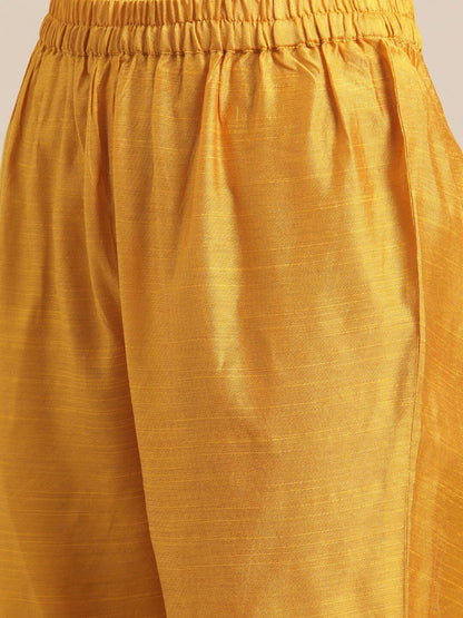 Indyancart VA Women's Mustard Yellow Floral Embroidered Empire Thread Work Kurta with Trousers & With Dupatta