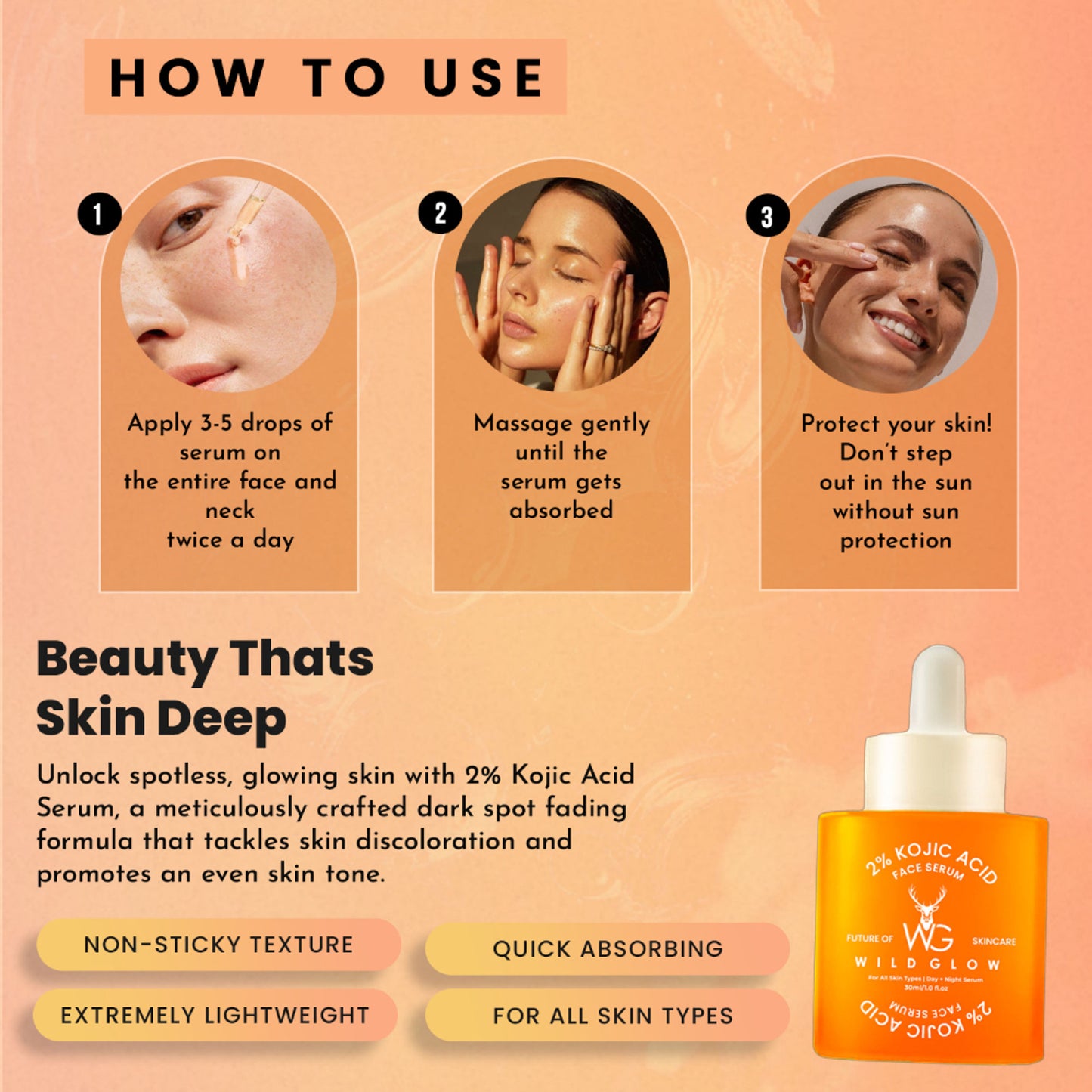 WILDGLOW 2% Kojic Acid Face Serum for Dark Spots, Skin Brightening & Radiant Glow