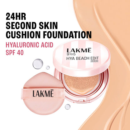 Lakme 9to5 Hya Beach Edit Cushion Foundation with SPF 40 in Cool Ivory, hydrating matte finish, compact with applicator sponge.