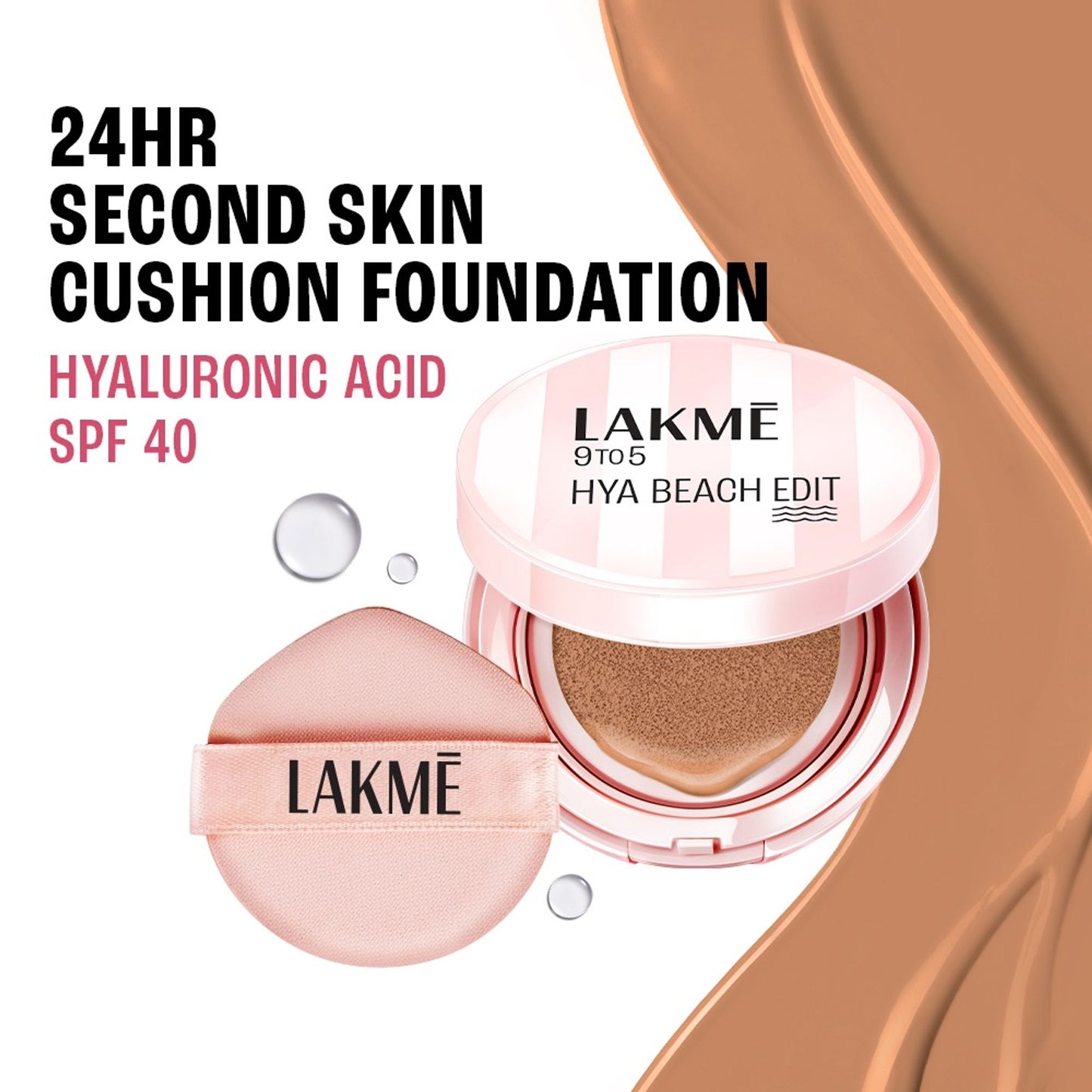 Lakme 9to5 Hya Beach Edit Cushion Foundation, SPF 40, Hydrating Matte, C 100 - Cool Cinnamon