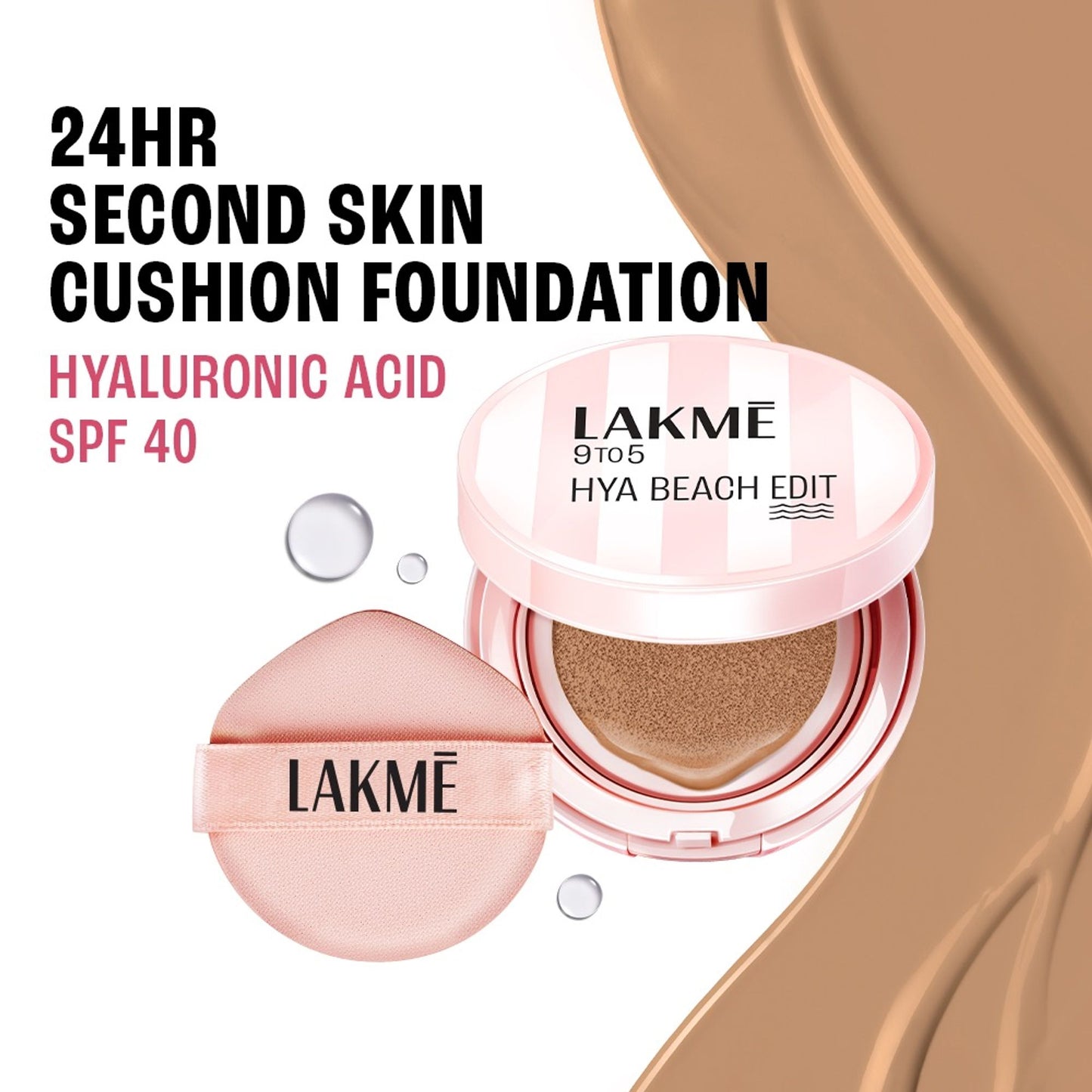 Lakme 9to5 Hya Beach Edit Cushion Foundation, SPF 40, Hydrating Matte, C 100 - Neutral Almond