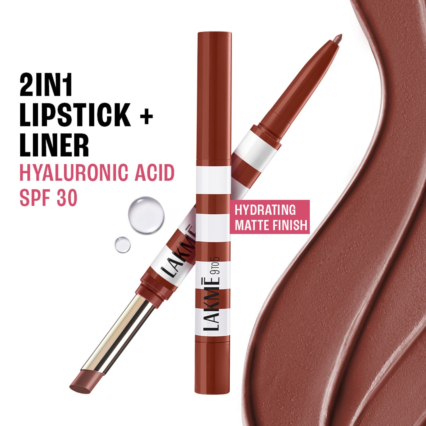 Lakme 9to5 Hya Beach Edit, Lipstick + Liner Duo, SPF 30, Hydrating Matte - Afterhours Nude