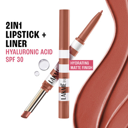 Lakme 9to5 Hya Beach Edit, Lipstick + Liner Duo, SPF 30, Hydrating Matte - Beachy Nude