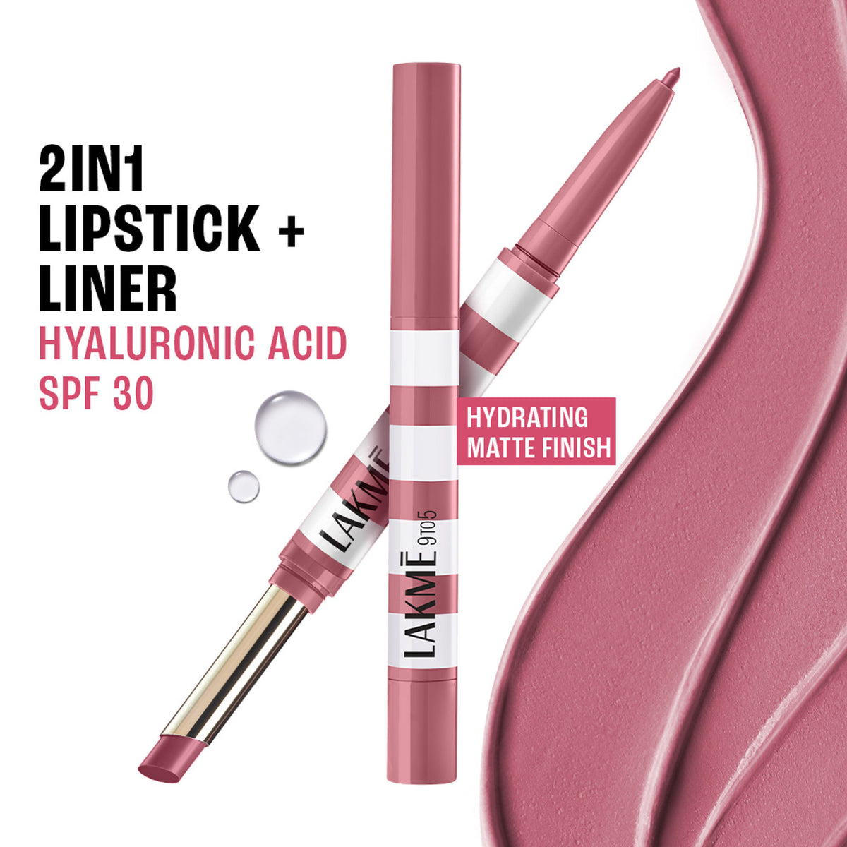 Lakme 9to5 Hya Beach Edit, Lipstick + Liner Duo, SPF 30, Hydrating Matte - Pro Pink