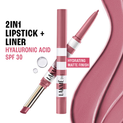 Lakme 9to5 Hya Beach Edit, Lipstick + Liner Duo, SPF 30, Hydrating Matte - Pro Pink