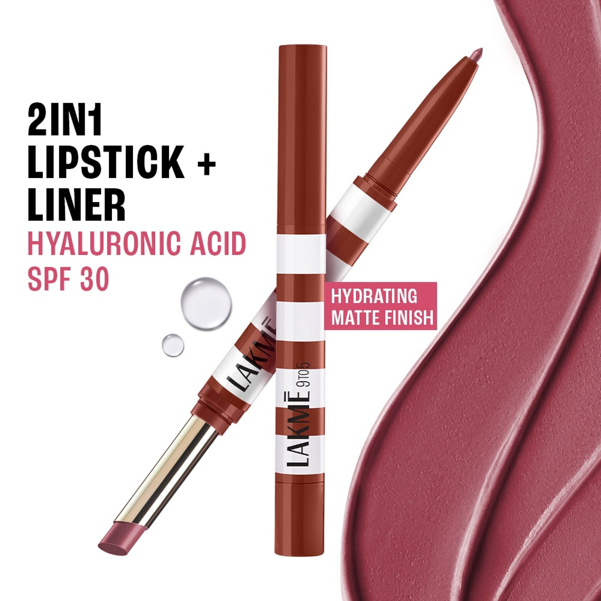 Lakme 9to5 Hya Beach Edit, Lipstick + Liner Duo, SPF 30, Hydrating Matte - Pro Pink Medium