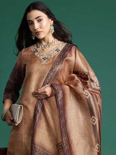 Indyancart IE Bandhani Printed Thread Work Kurta with Trousers & With Dupatta