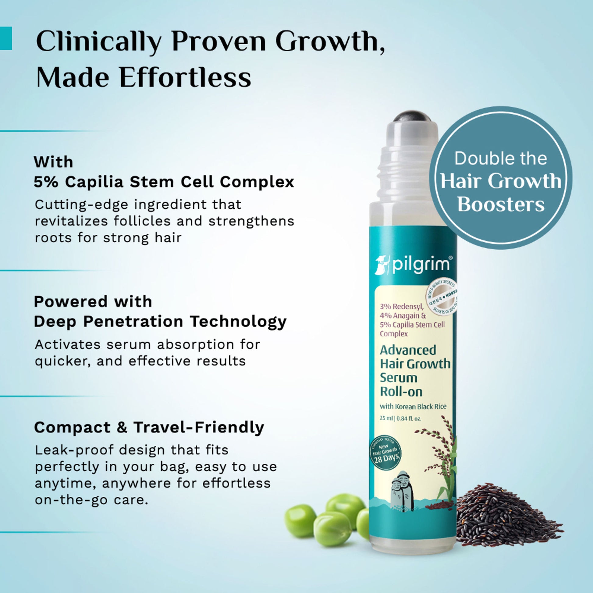 Pilgrim 3% Redensyl & 4% Anagain Advance Hair Growth Serum Roll-On With Rosemary & Korean Black Rice