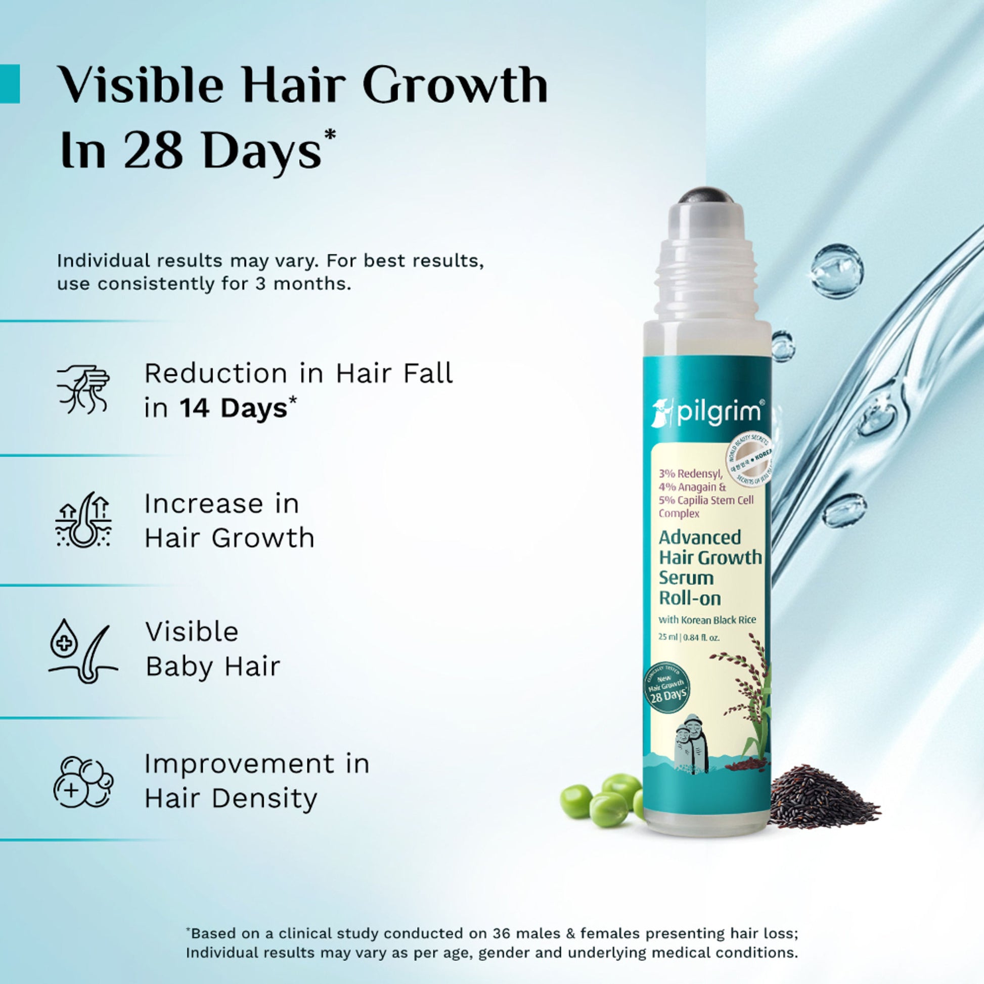 Pilgrim 3% Redensyl & 4% Anagain Advance Hair Growth Serum Roll-On With Rosemary & Korean Black Rice