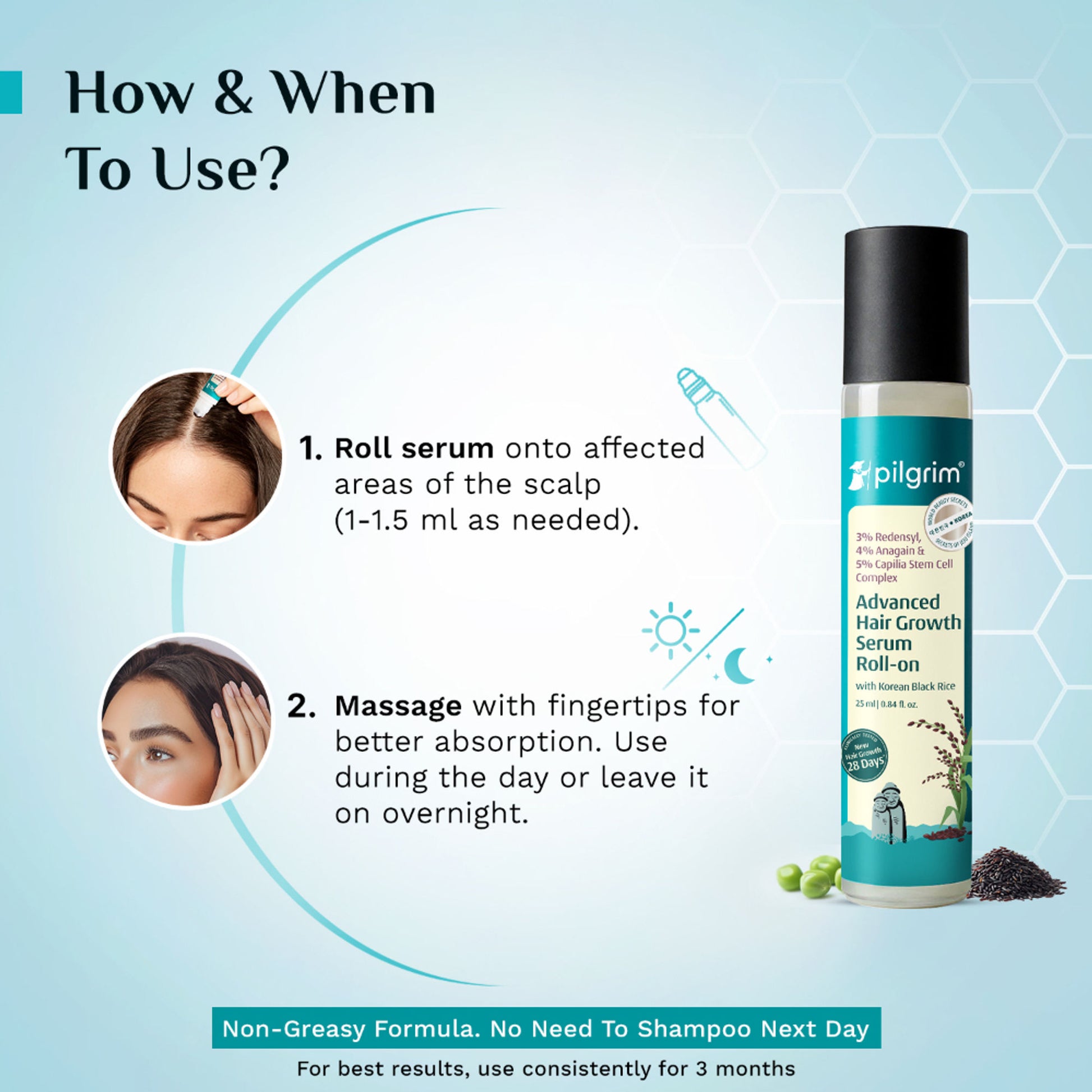 Pilgrim 3% Redensyl & 4% Anagain Advance Hair Growth Serum Roll-On With Rosemary & Korean Black Rice