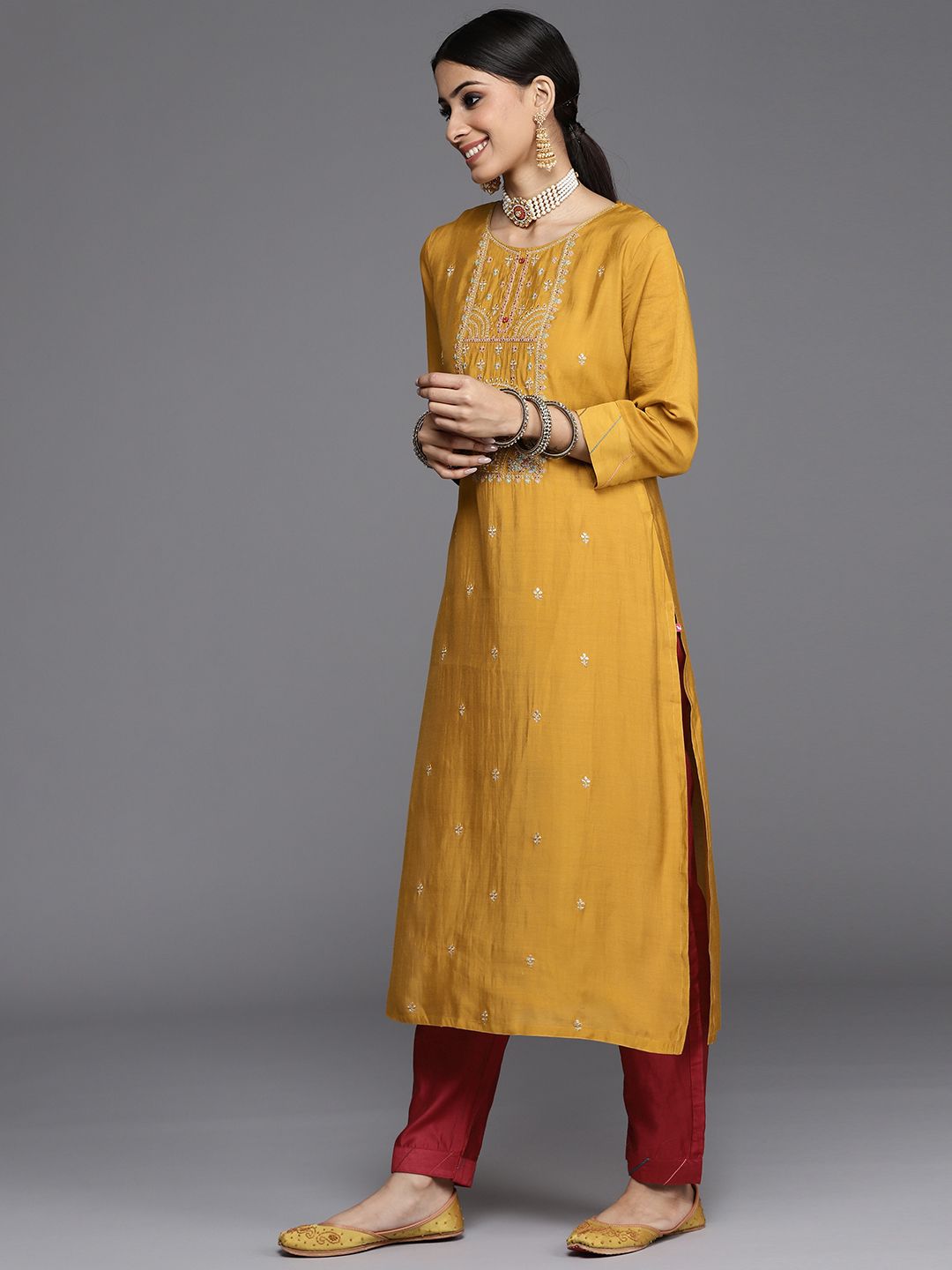 Indyancart VA Women's Mustard Yellow Ethnic Motifs Embroidered Kurta with Trousers & Dupatta