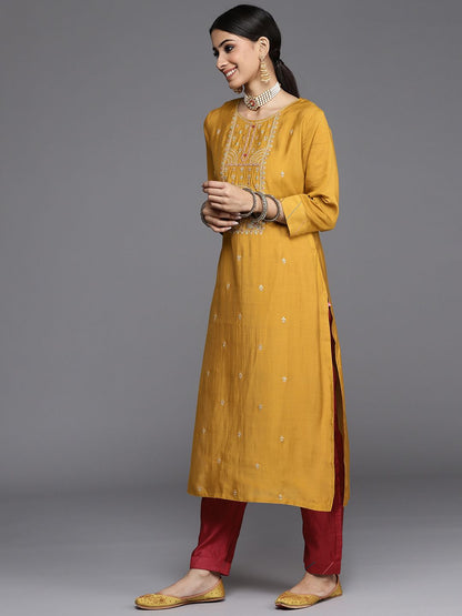 Indyancart VA Women's Mustard Yellow Ethnic Motifs Embroidered Kurta with Trousers & Dupatta