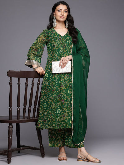 Indyancart VA Women'sBandhani Printed Empire Gotta Patti Kurta With Trousers & Dupatta