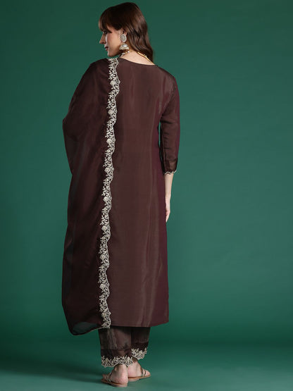 Indyancart IE Floral Embroidered Liva Kurta with Trousers & With Dupatta