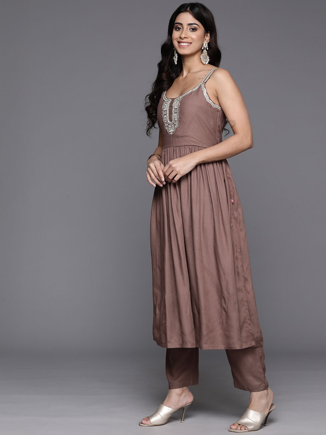 Indyancart VA Women'sEmbroidered Pleated Anarkali Zari Kurta with Trousers & Dupatta