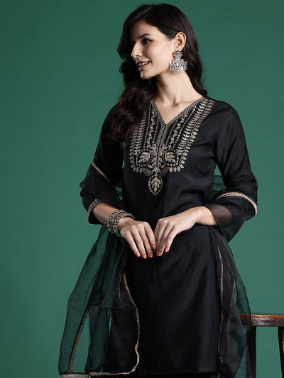 Indyancart IE Ethnic Motifs Zari Embroidered Liva Kurta With Sharara & Dupatta