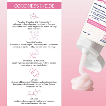 BAKE 2% Peptide Complex Moisturizer with polyglutamic acid, copper peptides, and niacinamide, in a white jar with a silver lid.