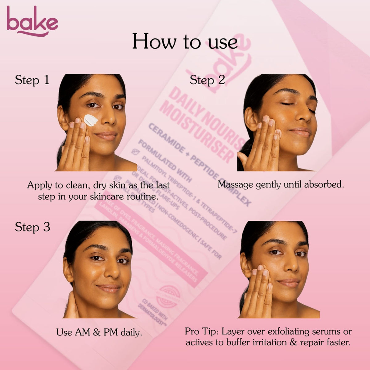 BAKE 2% Peptide Complex Moisturizer with polyglutamic acid, copper peptides, and niacinamide, showing the product bottle and ingredients.
