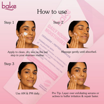 BAKE 2% Peptide Complex Moisturizer with polyglutamic acid, copper peptides, and niacinamide, showing the product bottle and ingredients.