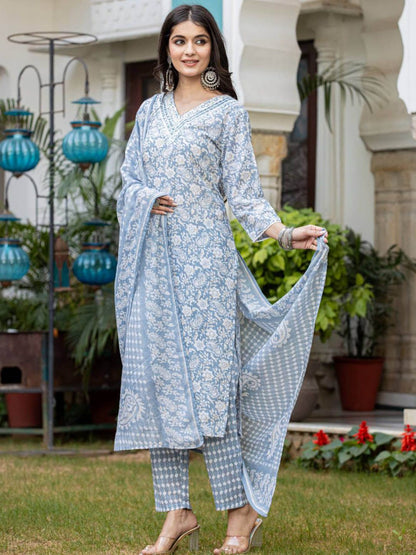 Indyancart VA Women'sPaisley Printed Regular Kurta with Trouser & Dupatta