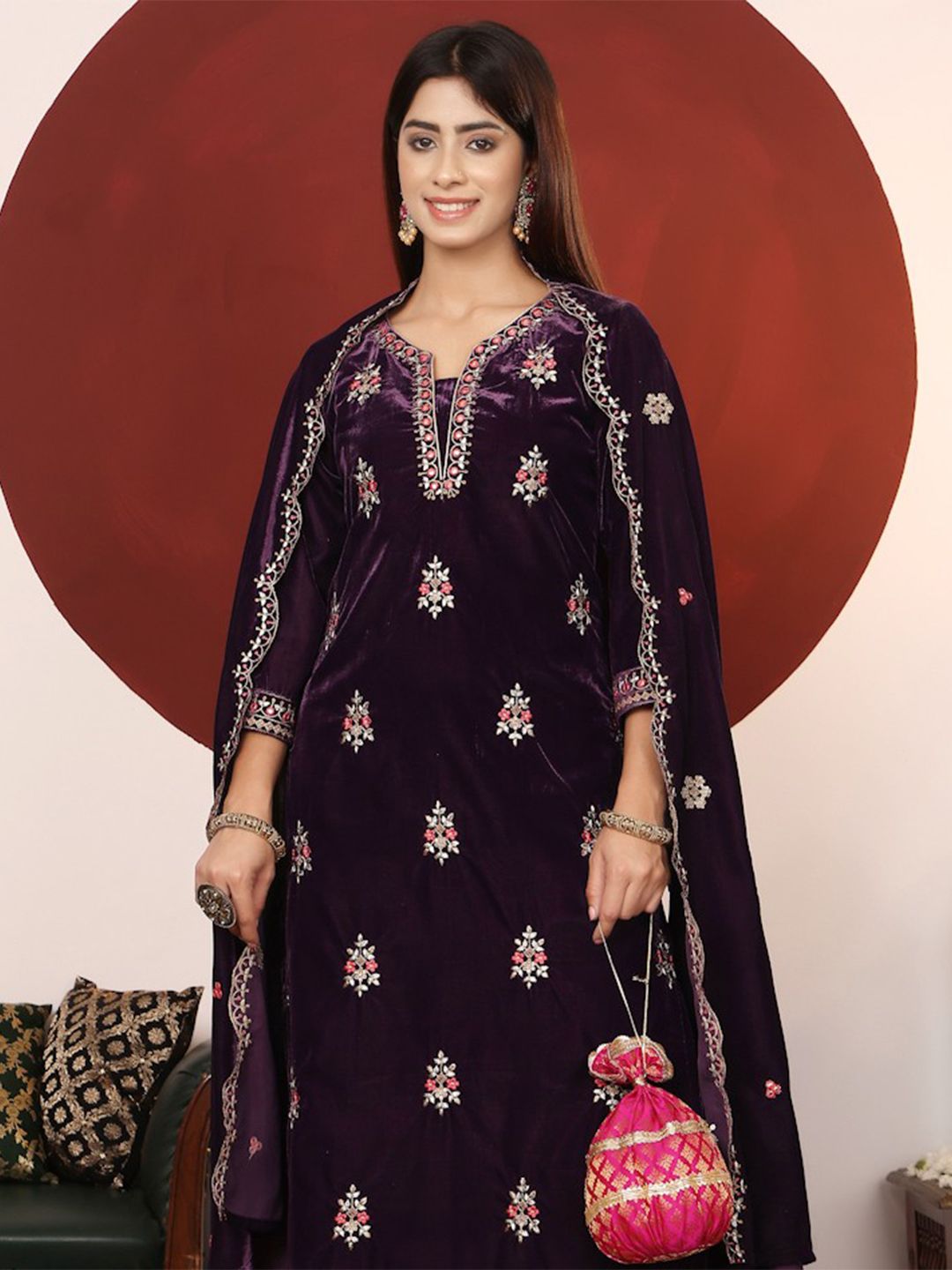 Indyancart VA Floral Embroidered Regular Velvet Straight Kurta with Palazzos & Dupatta