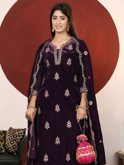 Indyancart VA Floral Embroidered Regular Velvet Straight Kurta with Palazzos & Dupatta