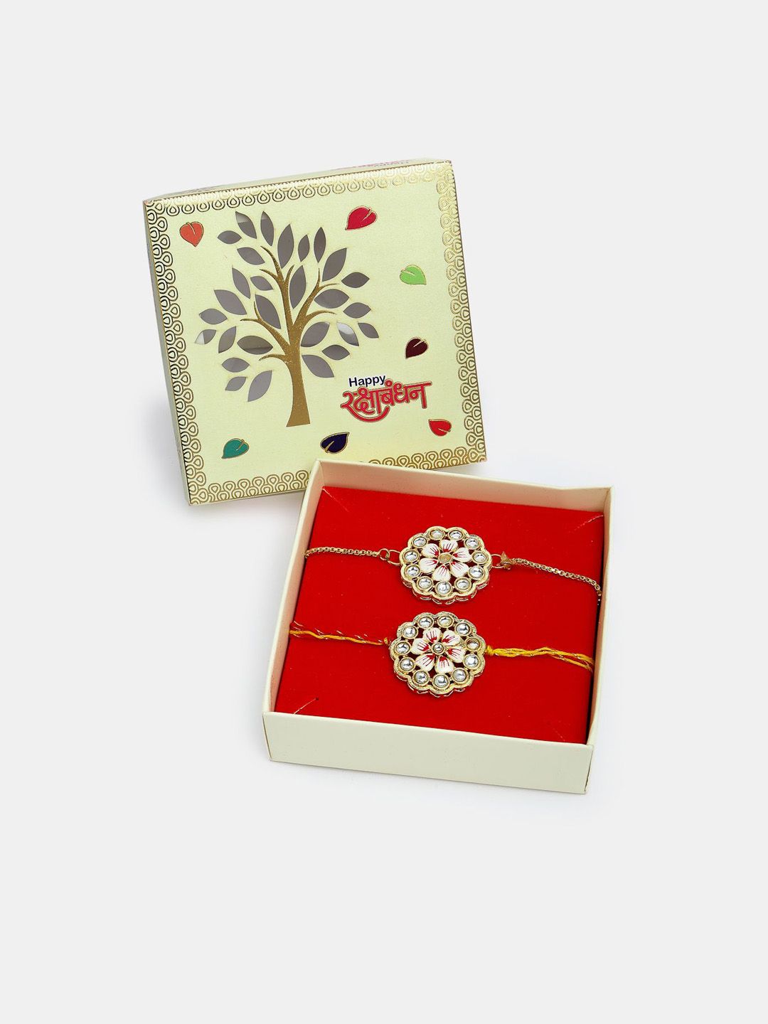 Anouk Unisex Set Of 2 Gold Kundan-Studded Bhaiya Bhabhi Rakhi Set With Roli Chawal