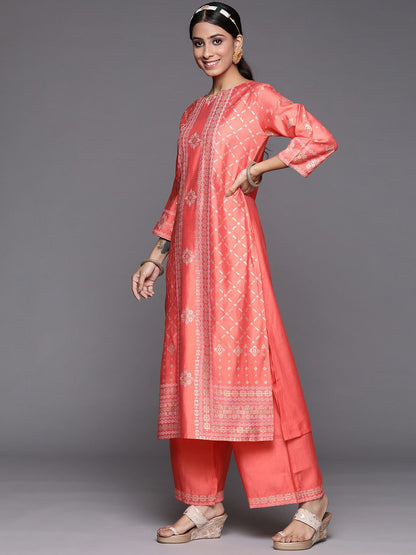 Indyancart IE Women Orange Ethnic Motifs Printed Liva Kurta with Trousers & With Dupatta