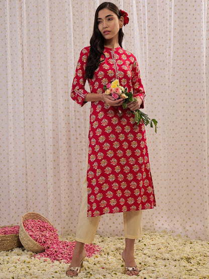 Indyancart IE Floral Printed Mandarin Collar Three-Quarter Sleeves Kurta