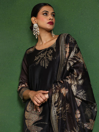 Indyancart VA Women'sFloral Embroidered Thread Work Chanderi Silk Kurta with Trousers & Dupatta