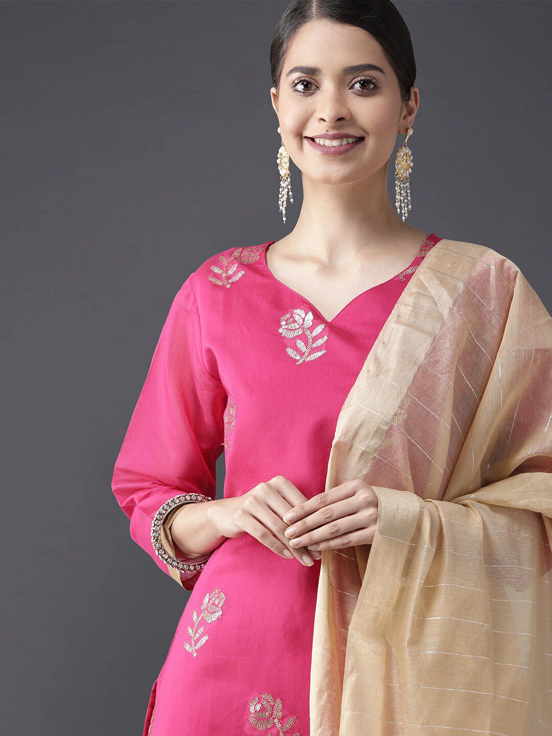 Dhiyona IE Women Pink & Gold-Toned Chanderi Cotton Kurta with Trousers & With Dupatta