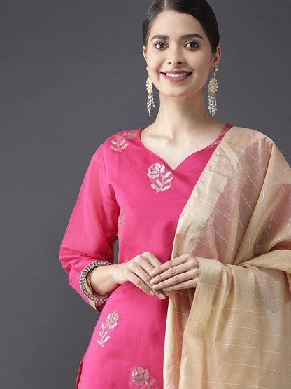 Dhiyona IE Women Pink & Gold-Toned Chanderi Cotton Kurta with Trousers & With Dupatta