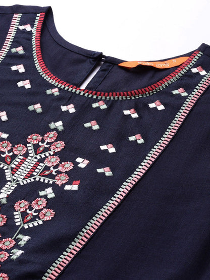 Dhiyona IE Women Navy Blue Floral Yoke Design Floral Kurta