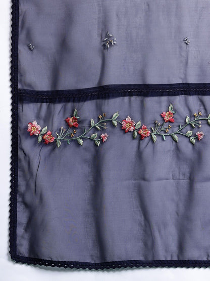 Indyancart Women's Plus Size Floral Embroidered Panelled Thread Work Kurta With Trousers & Dupatta