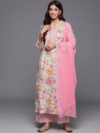 Indyancart VA Women'sFloral Printed Pure Cotton Anarkali Kurta with Palazzos & Dupatta