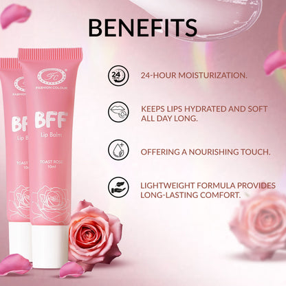 FASHION COLOUR BFF Lip Balm in Toast Rose, featuring sleek packaging and a soft, rosy shade for nourishing lips.